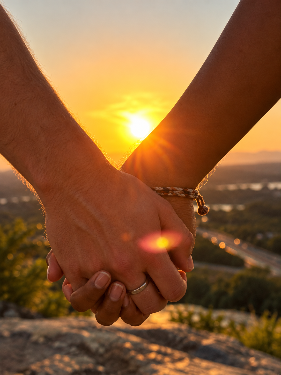 Felipe e Júlia de mãos dadas ao pôr do sol